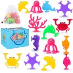 Baby Suction Cup Toys, Bath Toys for Kids Ages 4-8, 18 PCS Ocean Animals Suckers with Mesh Bag Storage, Window Stress Release Travel Toy, Montessori Gift for 3 4 5 6 7 Years Old Boys Girls