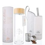 The Lotus Glass Tea Tumbler Bottle with Infuser + Strainer for Loose Leaf & Ice Tea, Cold Brew Coffee or Fruit Water. Bamboo Lid 450ml. Travel Bottle