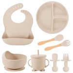 8 Pack Silicone Baby Feeding Set, BPA Free Baby Led Weaning Supplies includes Baby Divided Suction Plate, Suction Bowls, Adjustable Bibs, Cup with Straw, 2 Spoons, 2 Forks Toddler Eating Set (Beige)