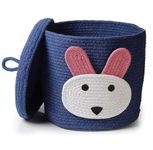 DOLCE CASA Kids Lid Basket With Beautiful Characters - Rope Storage Basket For Baby Diaper, Stuffed Animal Storage Bin Rope Basket For Kids Toy, Baby Laundry Baskets with Lid. (Blue Rabbit)