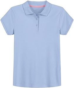 IZOD Girls' School Uniform Short Sleeve Polo Shirt, Button Closure, Comfortable & Soft Interlock Fabric, Light Blue, 12-14