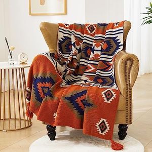 Chair Throw Blankets, Acrylic Knitted Southwest Tribal Bed Throws Couch Sofa Blanket, Native American Southwestern Soft Warm Throw Bohemian Living Room Bedroom (Rusted Brown Navy White, 60”x80”)