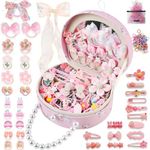 Velachuan Princess Jewelry Box for Girls with Hair Accessories,Girls Hair Clips Bows Set, Fashion Hair Styling Kit with Mirror,Pink Sparkle Trinket Box Includes Hair Clips (Ribbon)