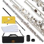 Glory Silver Plated Intermediate Open/Closed Hole C Flute with Case,Tuning Rod,Polish Cloth,Joint Grease,a pair of Gloves and screw driver