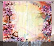 Watercolor Flower Home Decor Curtains by Ambesonne, Asian Cherry Blossoms Romance Love Sign Branch Artful Design, Living Room Bedroom Window Drapes 2 Panel Set, 108W X 84L Inches, Yellow Pink