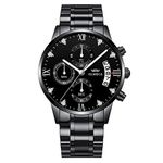 Black Stainless Steel Men's Wrist Watches Analog Quartz Chronograph Mutifunctional Crystal Wristwatch for Man with Date Calendar