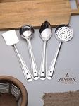 ZEVORA Kitchen Tools Stainless Steel Heavy Gauge Non-Stick 4 Piece Set of Ladle (Karchhi), Skimmer (Jhara), Solid Spoon (Chamcha) and Slotted Turner/Spatula (Palta) for Cooking/Frying/Stirring/Basting