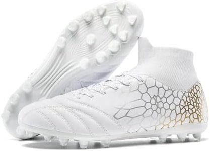 DGJG Boys Girls Soccer Cleats Lightweight Training Football Cleats Youth High-top Soccer Shoes Non-Slip Futsal for Big Kid, White/Gold/Silver, 5 Big Kid