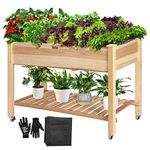 VIVOSUN Elevated Wooden Raised Garden Bed, 46 x 24 x 32 Inches, Mobile Outdoor Planter Box with Storage Shelf and Protective Liner for Outdoor Use, with Lockable Wheels