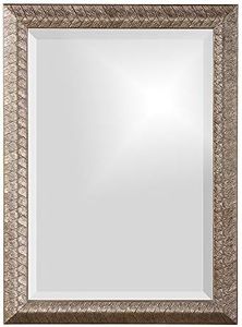 Howard Elliott Malia Hanging Large Rectangular Wall Mirror, Etched Wood Frame, Home Décor Framed Vanity Mirrors for Living Room, Entryway, or Any Room, Silver Leaf, 20 x 28 Inch