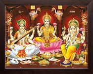 Art n Store Mata Lakshmi with Devi Saraswati & Lord Ganesha, HD Printed Religious & Decor Picture with Frame (30 X 23.5 X 1.5 cm, Brown Wood)