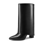 Vaslemuse Women's Mid-Calf Boots Fold Over Chunky Heel Pointed Toe Slouch Riding Boots, Black, 8