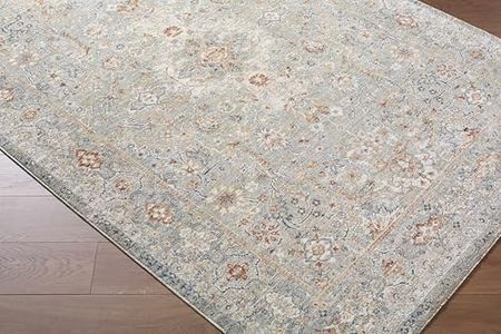 BoutiqueRugs Gray Medallion Traditional 7ft Round Area Rug Cream Slate Blue Aqua Beige Teal Chione Living Room Bedroom Dining Room Home Office Apartment 6'7" Round Stain Resistant Non-Shedding