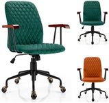 Giantex Retro Mid-Back Office Chair, Swivel Velvet Computer Desk Chair w/Rubber Wood Armrest, Height Adjustable Leisure Task Chair w/Rolling Copper Wheels for Home Office, Green