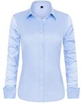 J.VER Women's Blue Long Sleeve Plain Dress Shirt Button Down Fitted Stretch Executive Office Work Business Casual Formal Shirt Blouse with Single Cuff M