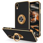 Telaso for iPhone XR Case, 360° Rotation Kickstand Ring Holder Plating Edge Soft Rubber TPU Bumper Slim Flexible Shockproof Protective Phone Case Cover for iPhone XR 6.1 inch, Black