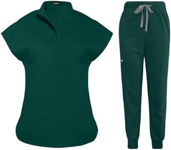 niaahinn Scrubs Set for Women Nurse Uniform Jogger Suit Stretch Top & Pants with Multi Pocket for Nurse Esthetician Workwear (Deep Green, Medium)
