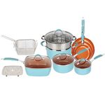 Gr8 Home 14 Piece Induction Cookware Set Non Stick Cooking Pot Frying Pan Steamer Saucepan Kitchenware with Lids (Blue and Copper)