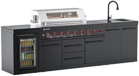 VESTIVIUM All-in-One Outdoor Kitchen Island, Expandable Modular Grill Station with 6 Burner, Double Door Sink, Refrigerator, SS304 & White Stone Countertops, Perfect for Backyard Patio Entertaining