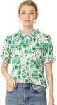 Allegra K Women's Ruffled Short Sleeve Floral Mock Neck Ruffle Summer Top Blouse Green Large