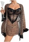 OYOANGLE Women's 3 Piece Robe Sets Leopard Print Lace Chemise Nightgown and Belted Kimono Robes Pjs Mesh Sleepwear Brown Small