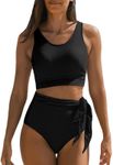 Dokotoo 2024 Summer High Waisted Bikini Sets for Women Beach Scoop Neck Sleeveless 2024 Racerback Solid Swimsuit Sexy High Cut Tummy Control Bathing Suit Black XX-Large