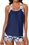 Aleumdr Women's Blouson T-Back Push Up Tankini Top Halter Padded Slimming Swimsuit Sporty Swimwear Blue Printed X-Large