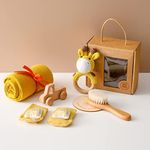 Baby Gift Shower Set, 7-Piece Newborn Gift Set, Baby Blanket Newborn Rattle Socks Wooden Cars and Milestones, Keepsake Gifts for Boys and Girls (Giraffe)