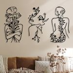 3 Pcs Metal Wall Art Decor Minimalist Abstract Woman Wall Art metal Modern Line Drawing Wall Art Decor Female Single Line Wall Home Hanging for Bedroom Kitchen Bathroom Living Room(Black, Plant)