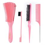 LORSEX Hair Brush, Detangling Brush for Black Natural Hair, Afro American Type 3a-4c, 3 Pcs Slick Brush Set, Plastic Bristle Hair Brush Teasing Comb Edge Hair Brush (Pink)