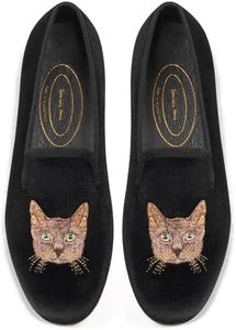 Journey West Women's Velvet Loafer Flat with Embroidery Smoking Slippers Slip on Shoes for Women Cat