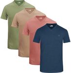 JRC Just Royal Clothing Pack of 4 Mens Short Sleeve V-Neck T-Shirts, Casual Vee Neck Tops (Sage, Mid Night, Peach Amber, Rgby Tan, M)