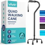 Vive Quad Cane - Walking Stick for Men and Women - Lightweight Adjustable Staff - Comfortable Right and Left Hand Grip for Stability Support - Four Prong Sturdy Aluminum Travel Aid - 4 Tip Black