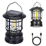 Solar Camping Lantern, USB Rechargeable Retro Dimmable Horse Camp Lamp Outdoor IPX4 Waterproof Vintage Portable Tent Light for Indoor Outages Hiking Emergency, Black