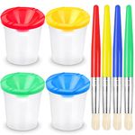 RNKP 4 Piece Children's No Spill Paint Cups with Colored Lids and 4 Piece Large Round Brush Set with Plastic Handles，Toddler Anti-Spill Paint Cup and Brush Set