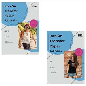 PPD Inkjet Iron-On Bundle of T Shirt Transfer Paper 8.5x11" for Light/White x100 Sheets + Dark/Black x 50 Sheets