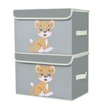 DIMJ 2 Pack Kids Storage Boxes with Lid, Foldable Toy Box with Reinforced Handle, Cartoon Animal Toy Organizer Box, Fabric Toy Chest for Nursery, Closet, Bedroom, Home (Grey)