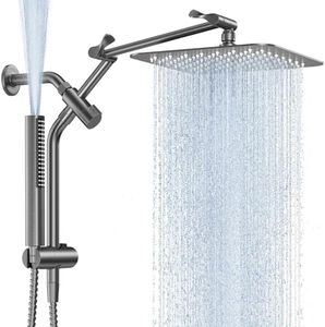 Veken All Metal 10" Shower Head with Handheld, Luxurious Square Double Rain Shower Heads with Spray Combo, Dual High Pressure Detachable Rainfall Showerhead with Extension Arm, Long Hose,Gunmetal Gray