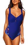 JFAN Women Swimsuit One Piece Swimming Costumes V Neck Tummy Control Swimwear Ruched Patchwork Floral Print Bathing Suit Blue Leaf M