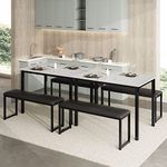 HOMOOI Two 3-Piece Dining Table Set, 2 Pack Kitchen Marble Table Set with 4 Faux Leather Cushioned Benches, White