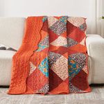 Qucover Quilted Bedspread Single Size, Multicolour Print Red Orange Blue Patchwork Quilt, Lightweight Soft Microfiber Floral Reversible Bed Throw Bedspread for All Seasons, 150x200cm for Single Bed