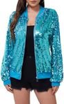 WULFUL Women's Sequin Jackets Sparkly Glitter Long Sleeve Front Zip Bomber Blazers Party Costume, Light Blue-silver, Medium