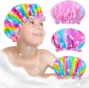 Shower Cap for Kids, 3 Pcs Kids Shower Caps for Girls, Cute Rainbow Hair Cap Wide Elastic Band, Plastic Reusable Waterproof Toddler Shower Cap, Large Bath Cap for Kids Girls Women (Unicorn)