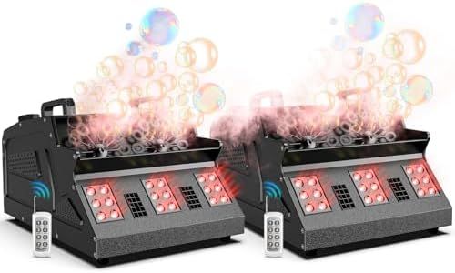 Fancybling 1500W Fog Machine, 3 in 1 Fog Bubble Machine with 2 Bubble Fans, 7 CH 18 RGB LED Lights Smoke Bubble All in 1 Machine, Fog Machine Stage Effect for Party, Halloween, Chrismas, 2 Pack