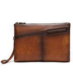 NIUCUNZH Genuine Leather Mens Clutch Bag Man Purse Handbag 12 inches Large Hand Bag Big Clutch Wallet, Dye Brown, Large, Zippered Wallet