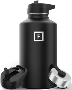 IRON °FLASK Sports Water Bottle - Wide Mouth with 3 Straw Lids - Stainless Steel Gym & Outdoor Bottles for Men, Women & Kids - Double Walled, Insulated Thermos, Metal Canteen - Midnight Black, 64 Oz