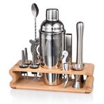 Quilamix Bartender Kit with Stylish Stand, 12 Piece 750ml Cocktail Shaker Set for Mixed Drink, Professional Stainless Steel Bar Tool Set with Cocktail Recipes Bookle (Silver)