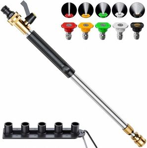 Jet Nozzle High Pressure Hose Nozzle for Garden Hose, Telescopic Jet Nozzle for Garden Hose Wand with 5 Different Tips, Quick Connectors, for Washing Cars, Porch, Garden, Black
