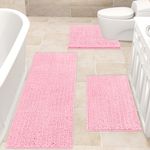 Upgrade Extra Large Pink Bathroom Rug Set 3 Pieces Ultra Soft, Thick Absorbent Bath Mats, Non Slip Chenille Toilet Mat for Bathroom, Bedroom, Kitchen