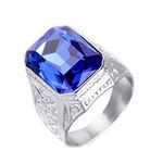 PAURO Men's Stainless Steel Vintage Wedding Promise Sapphire Ring with Big Stone Silver Blue Size V